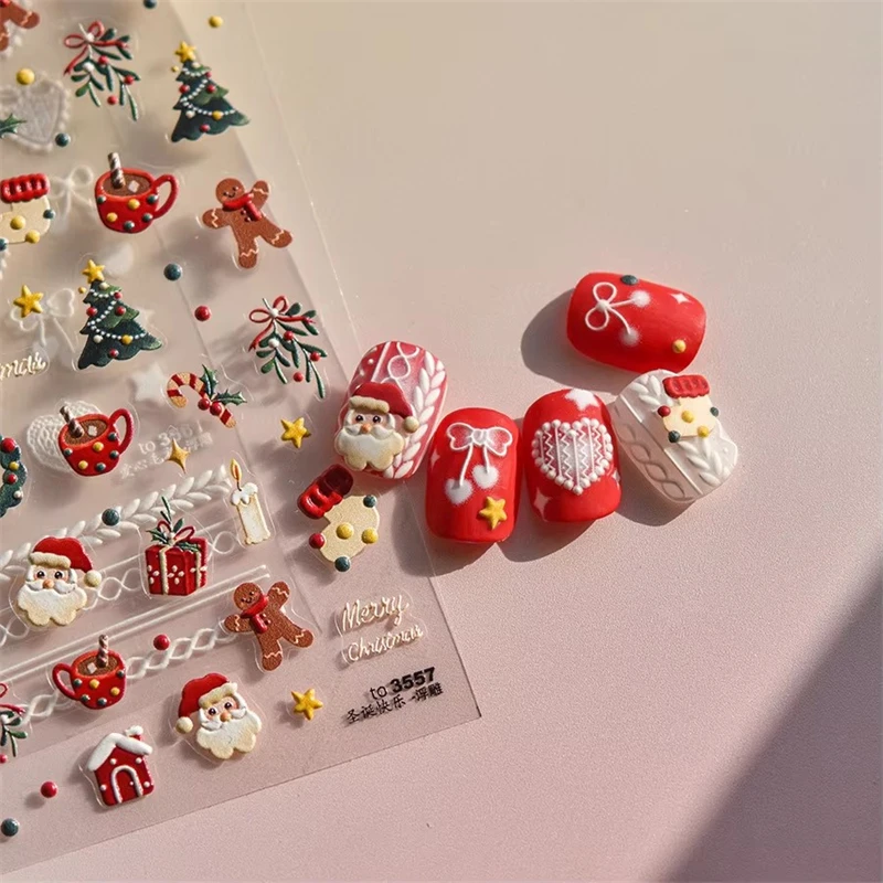 1pcs 5D Relief Nail Stickers Japanese Gold Border Teddy Bear Christmas Tree Santa Claus Self Adhesive Stickers Nail Art Decorati