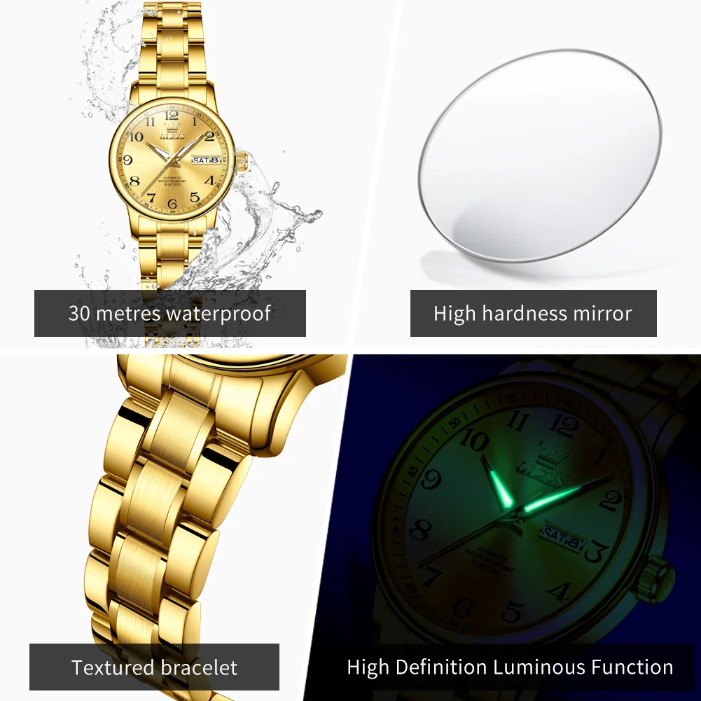 OLEVS 7072, роскошные модные женские часы с двойным календарем, золотые автоматические механические часы из нержавеющей стали для женщин, водонепроницаемые часы