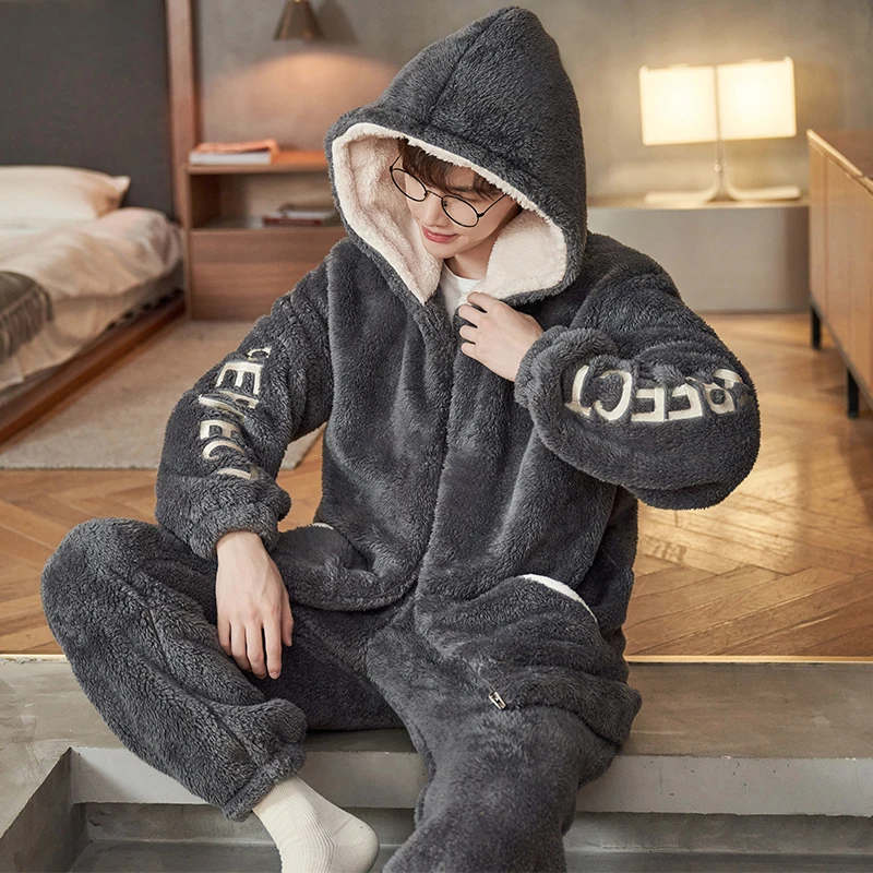 DAIMELU مقنعين منامة الرجال الشتاء ملابس خاصة مجموعة الدافئة المرجان الصوف طويلة الأكمام أفخم سميكة أفخم ملابس نوم طالب البدلة