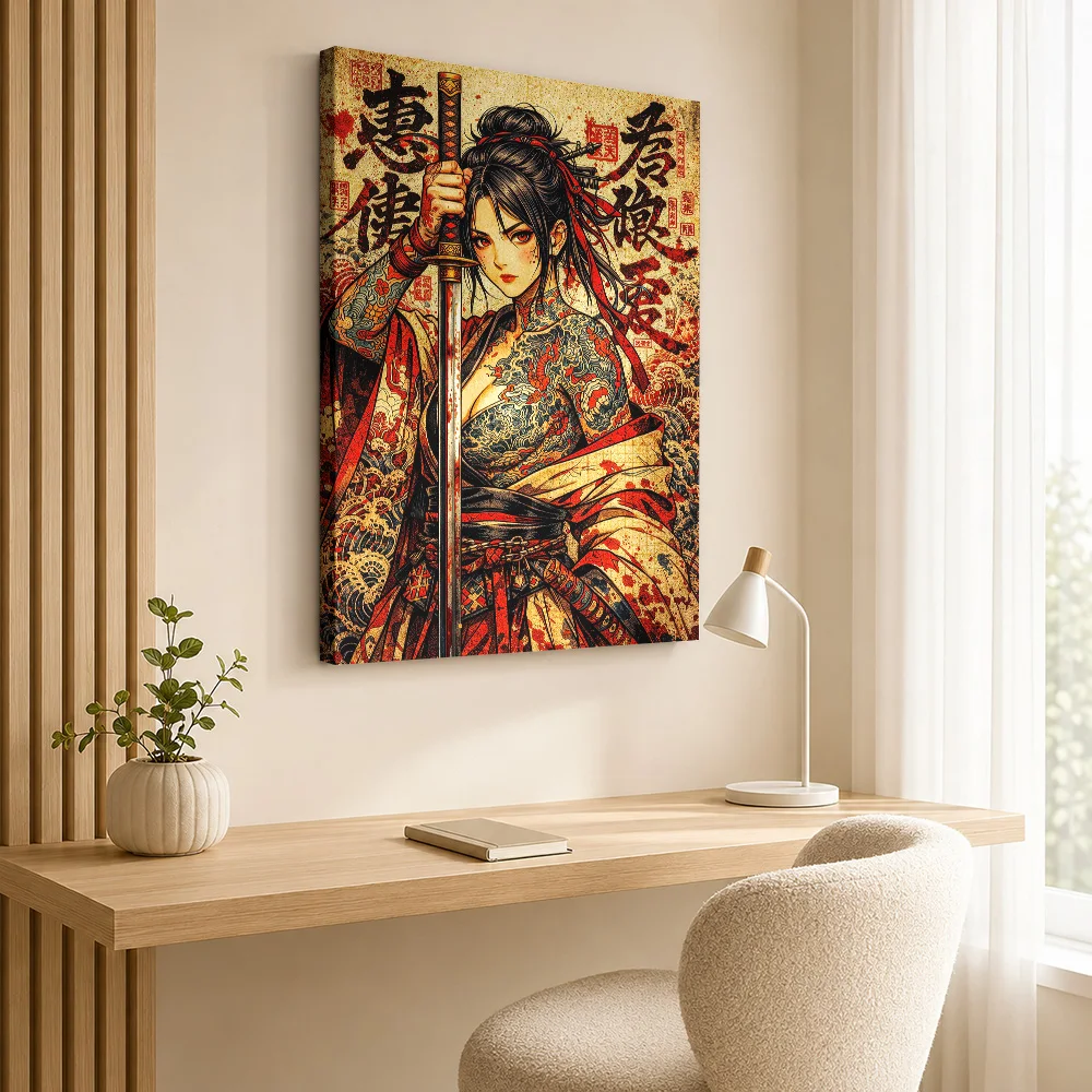 Tattooed Samurai Woman with Katana Canvas Painting Poster Customized Photo Japanese Inspired Canvas Wall Art for Bedroom Decor