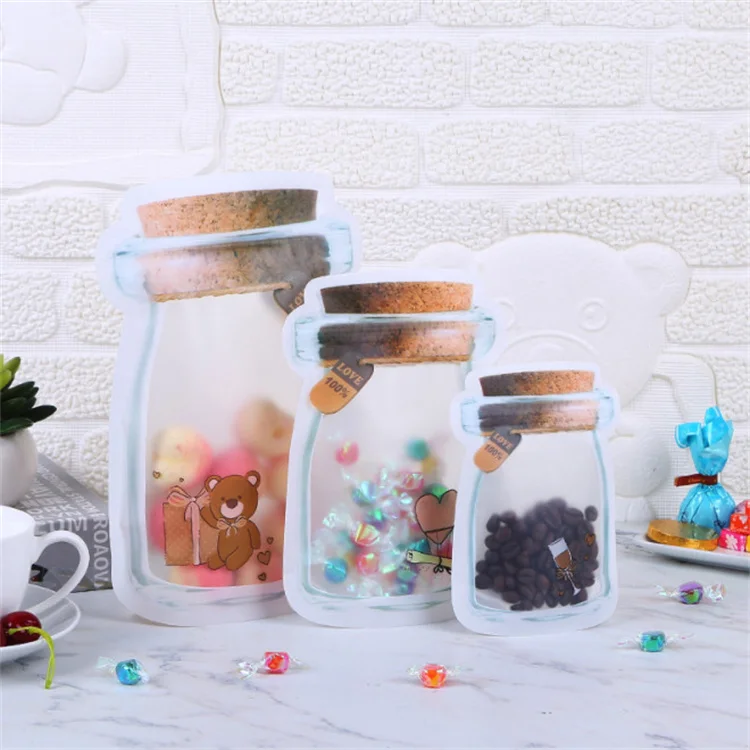 100PCS Cute Bear Plastic Mason Jar Snack Ziplock Bags Resealable Wedding Sugar Cereals Beans Beaf Nuts Coffee Xmas Gifts Pouches