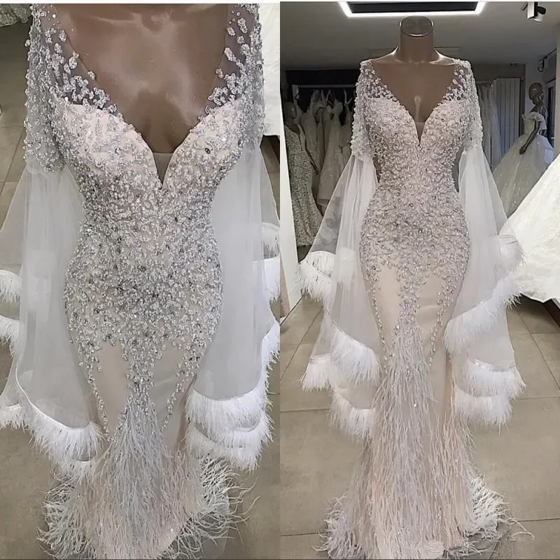 

Customized Well Desigh V Neck Heavy Crystals Beads Feather Mermaid Wedding Dress With Cape Floor Length Real Photo Luxury Bri