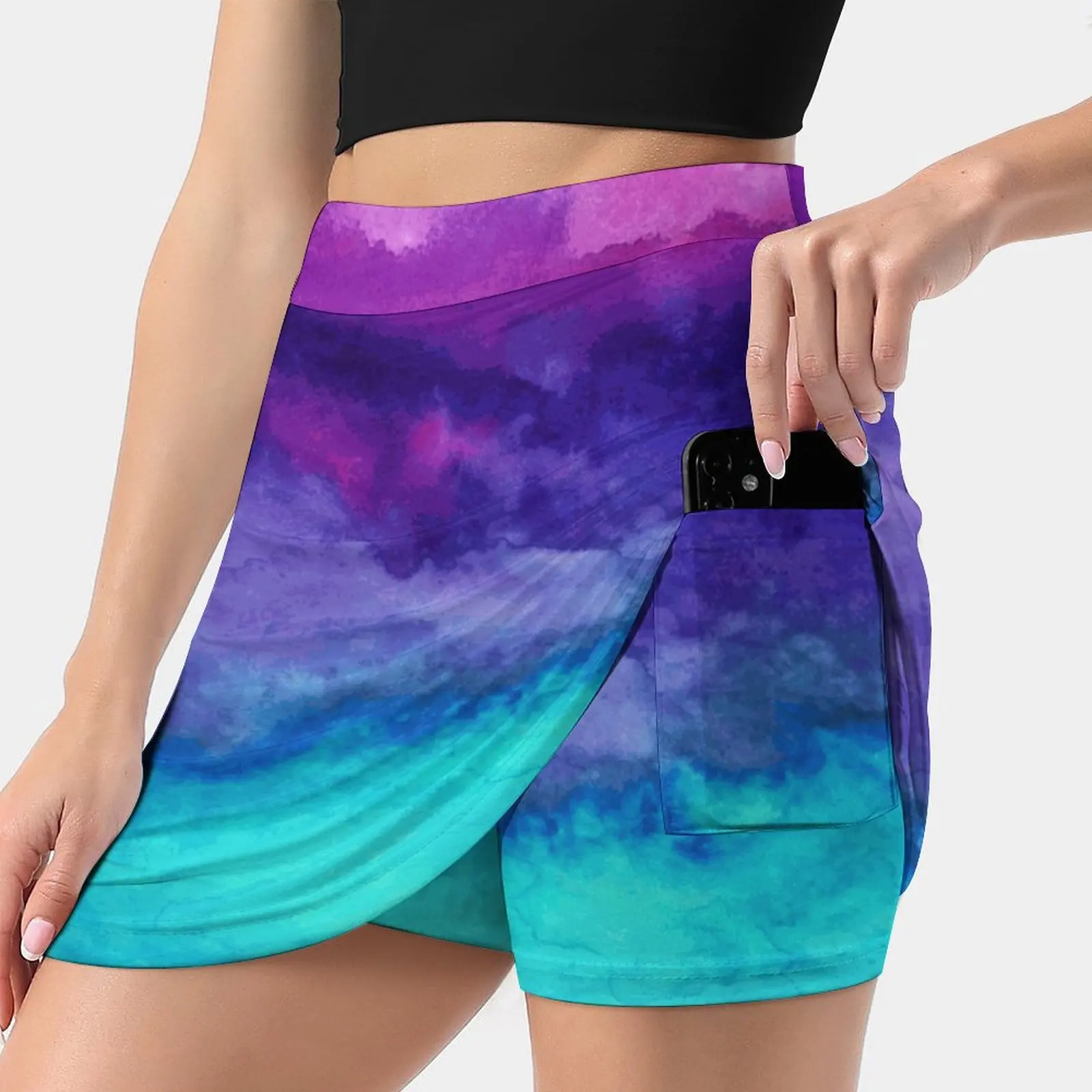 The Sound - Abstract Ombre Watercolor Fake Two-Piece Hakama Skirt Women Pencil Skirts Workout Sports Mini Skirt Ombre