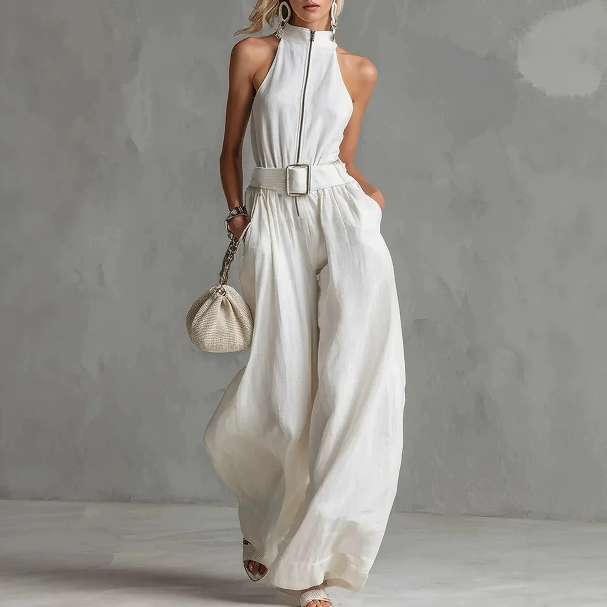 

Women's Elegant Jumpsuit Sleeveless Halter Neck Jumpsuits High Waist Wide Leg Romper Belted Waist Long Romper & For Woman