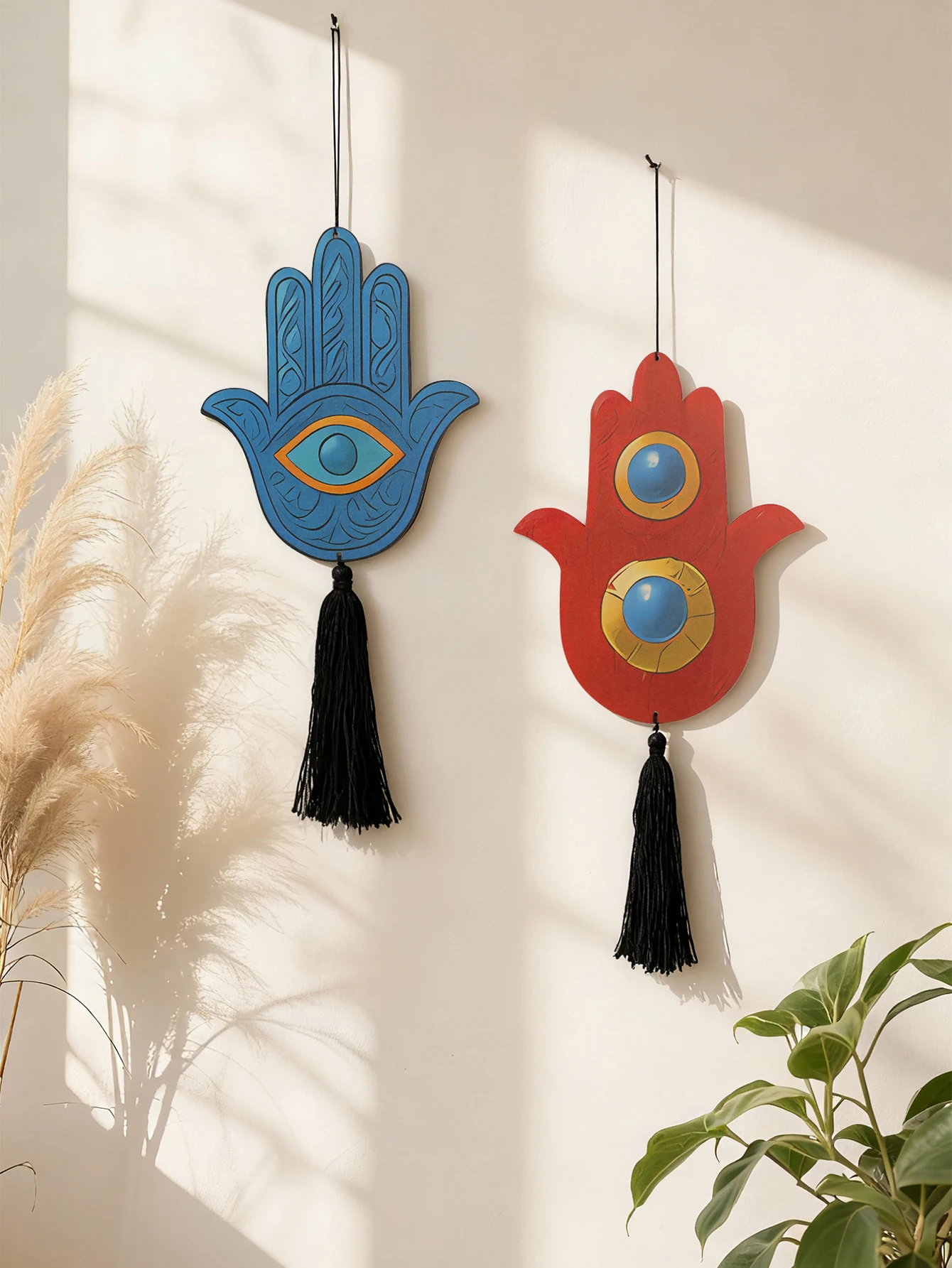 1pc Hamsa Hand Wall Hanging Decor, Blue & Red Evil Eye Tassel Ornaments, Boho Home Decor Pendant, Living Room & Gift Decoration