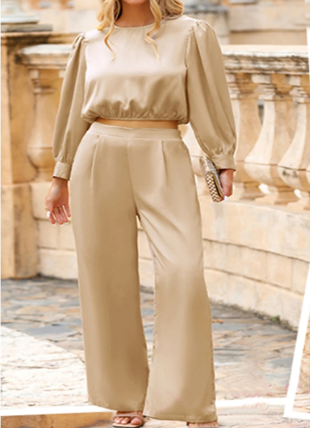 Women\'s 2-piece casual color Ding set 2024 autumn casual long sleeved top, loose pants can be worn as outerwear home suit set