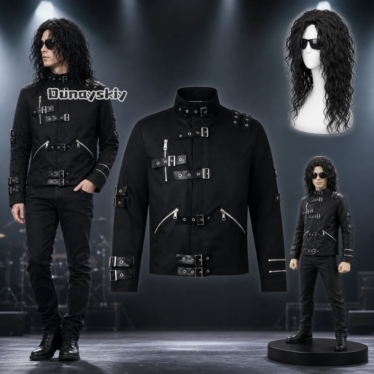 KS*02 Michael Jackson Cosplay Music Bad Costume Stage Punk Jacket Heavy Metal Performance Outfit MJ Abstract Joint Moving Prop