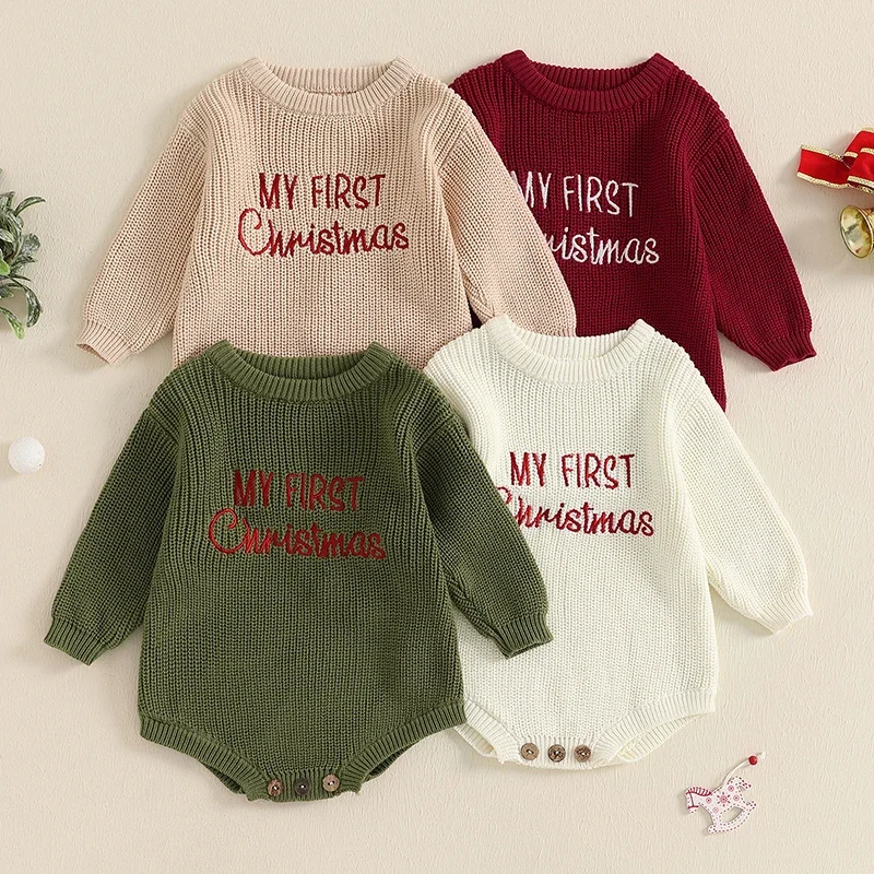 Baby Boy Girl Sweater Knit Rompers Christmas Long Sleeve O Neck Letter Embroidery Baby Clothing Jumpsuits Newborn Baby Clothes