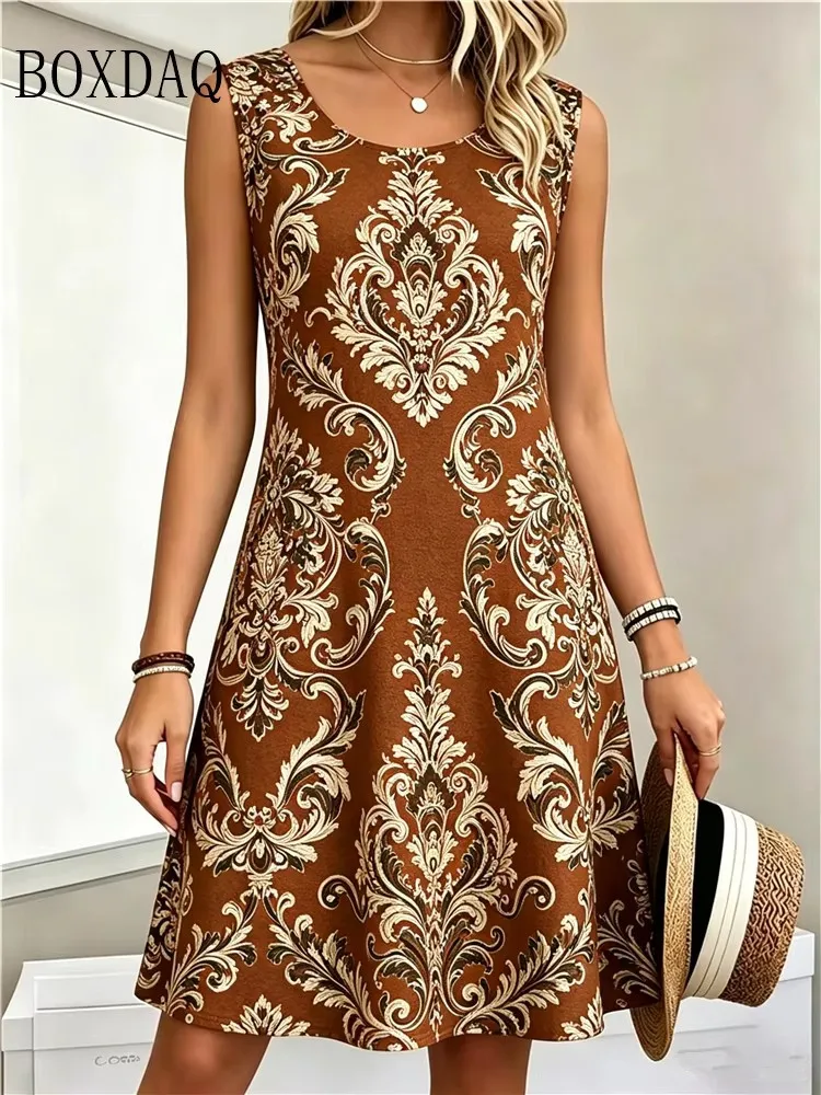 Ethnic Style Pattern Vintage Women's Dresses For 2026 New Summer Clothing Loose Plus Size Casual 3D Print Loose Sleeveless Dress
