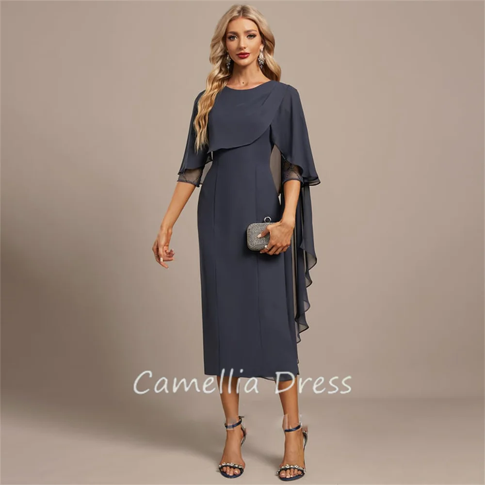 New Scoop Neck Mother Of The Bride Dress Sheath Tea-Length Chiffon Formal Dresses Beading Vestidos Mae Da Noiva Casamentos