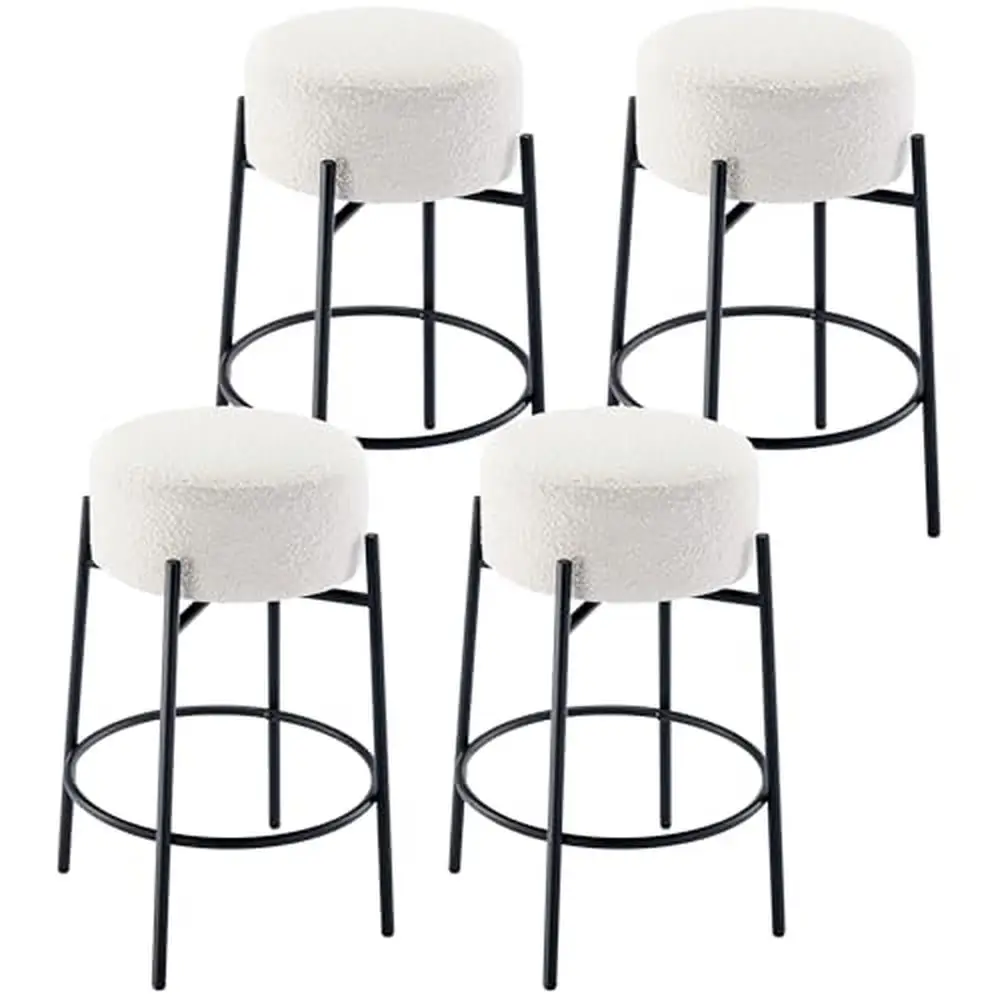 Swivel Bar Stools Set of 4 Modern Metal Frame Adjustable Height White Boucle Fabric Seat