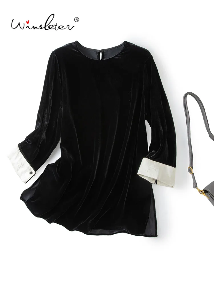 Winsleter-Silk Velvet Elegant T-Shirt, O Neck 3/4 Sleeve, Women Hepburn Style Retro Commute Loose Top, 2026 Autumn New T68709CC