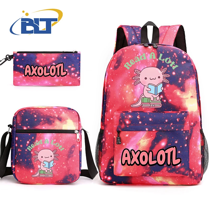 Axolotl dicetak tas sekolah anak-anak 3-piece set tas ransel siswa tas bahu kotak pensil set Hadiah sekolah anak-anak