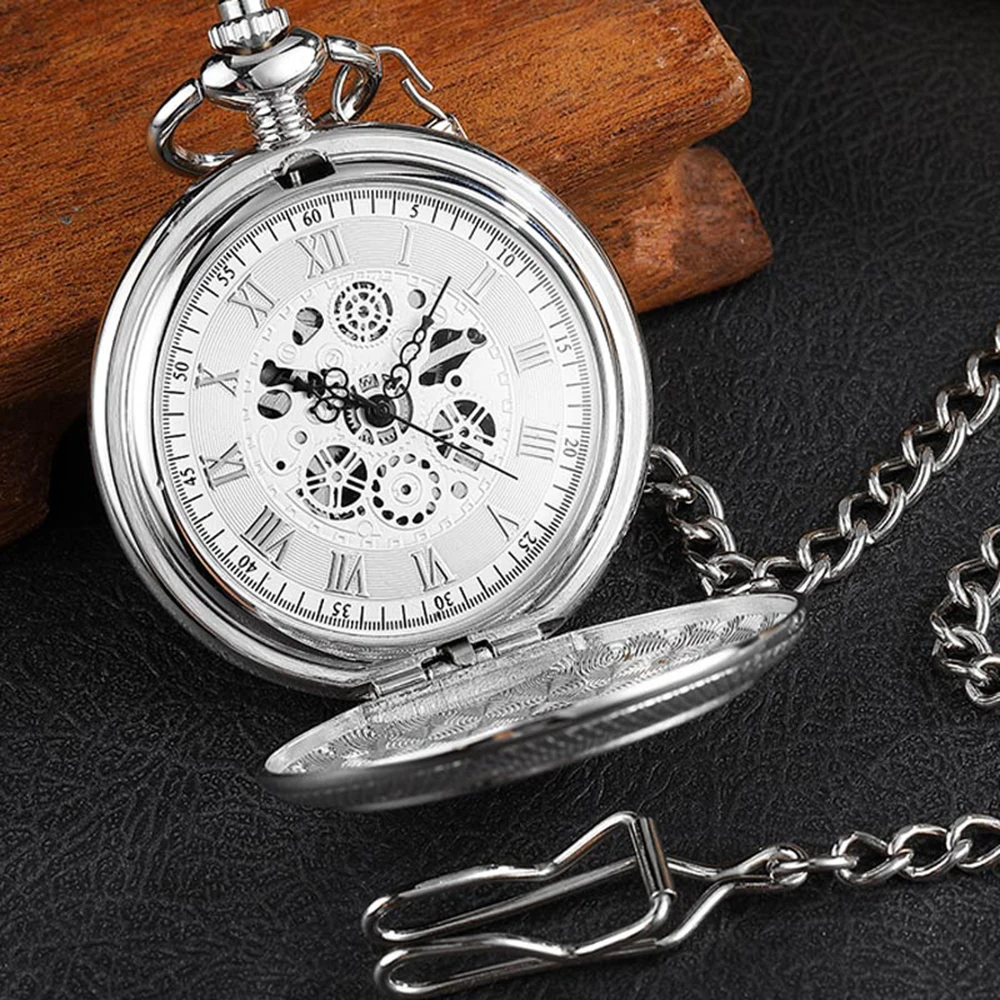 Roman Numerals Display Vintage Silver Elegant Manual Mechanical Pocket Watch Men Luxury Hand Winding Antique Pocket Clock Male