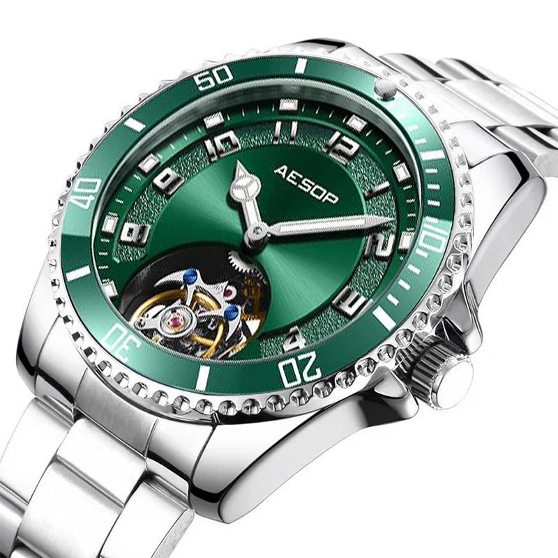 

AESOP Green Water Ghost Men Tourbillon Mechanical Watch Luxury Sapphire Skeleton Watches Waterproof Stainless Steel Watches