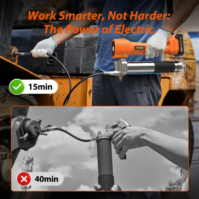 Pistolet do smaru elektryczny 2w1 Taskstar 10000PSI z wężem 39,4 cala, automatyczny, bezprzewodowy, do serwisowania maszyn rolniczych, warsztatów i ciężkiego sprzętu.