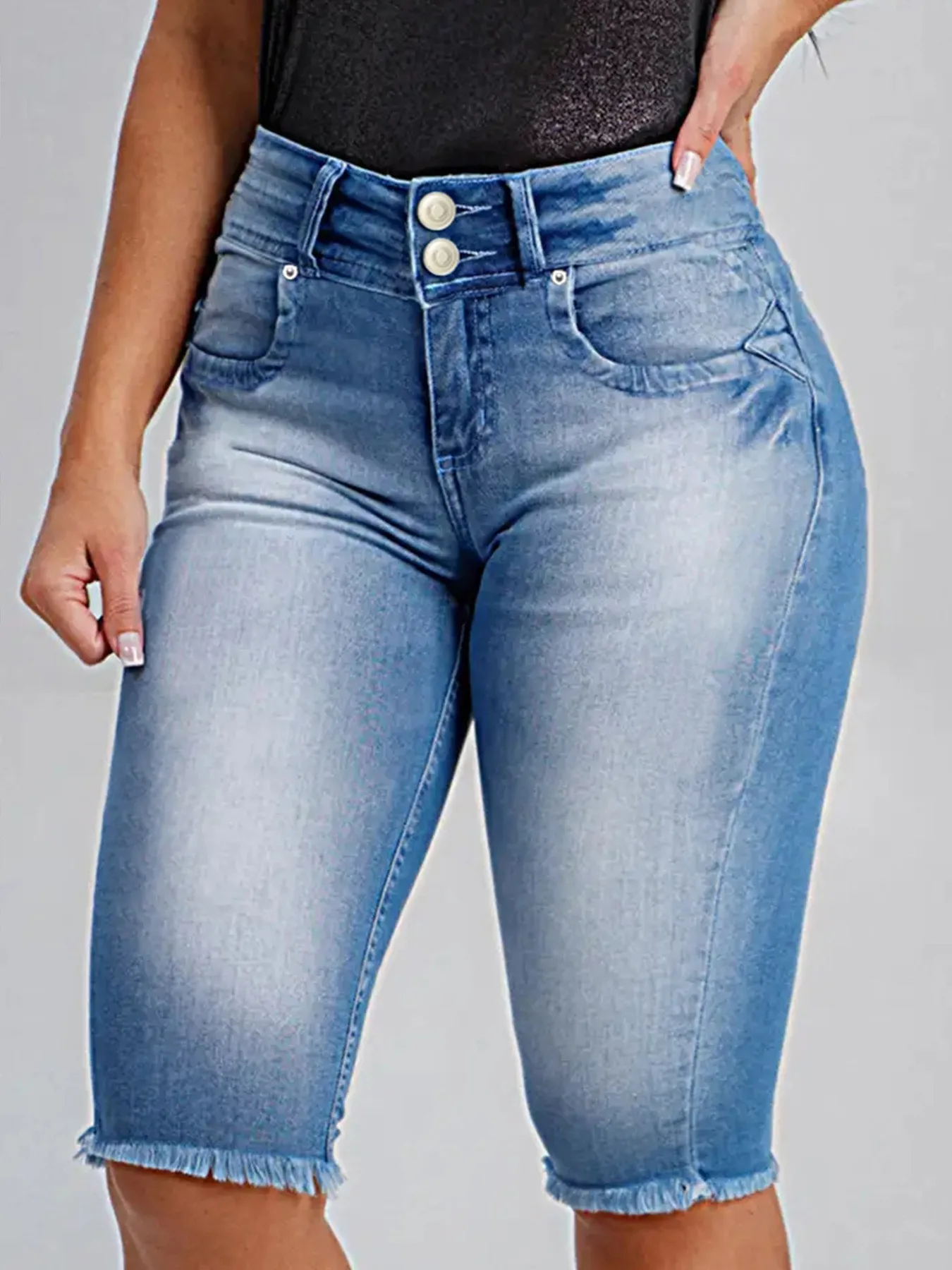 

Women's Button Fly Raw Hem Denim Shorts, Casual High Waist Pocket Design Denim Shorts for Daily Wear, Ladies Bottoms for Summer