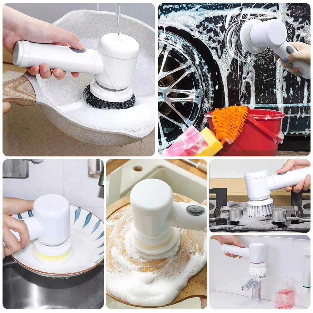 Car Electric Rotary Scrubber USB Rechargeable with 5/3 Brush Head Kitchen Dishwashing Brush Cordless Portable Scrub Brush