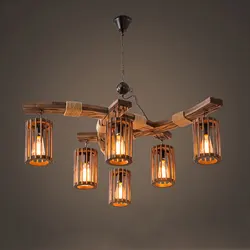 6 Heads Industrial Vintage American Boat Wooden Chandelier Hot Pot Shop Restaurant Bar Wooden Glass Lamp Pendant Lamp Headlights