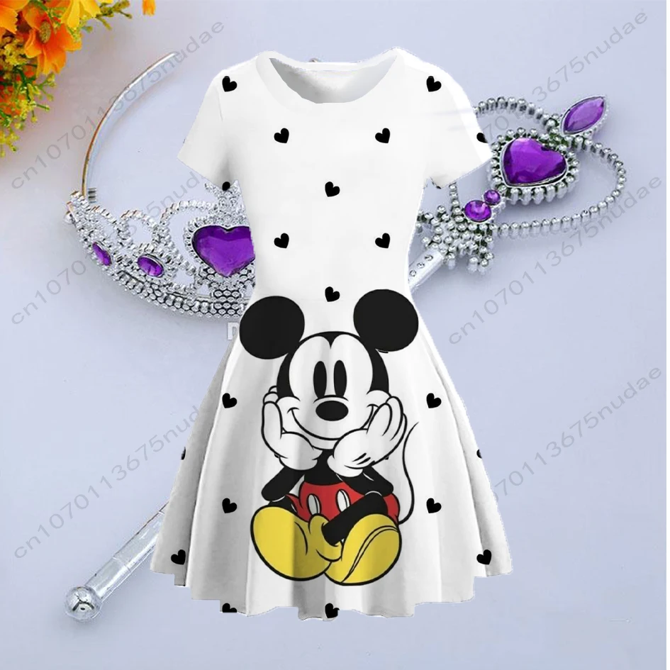 female student sweet first love pleated skirt round neck short sleeve Disney Mickey Minnie series cartoon pattern print dress