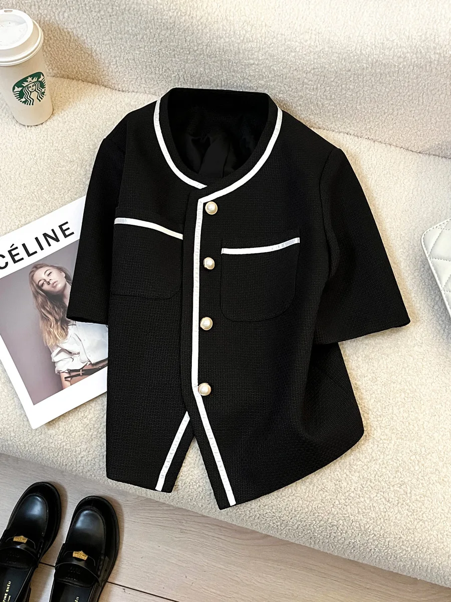 Spring and summer women's casual solid color round neck short sleeved pocket decorative jacket