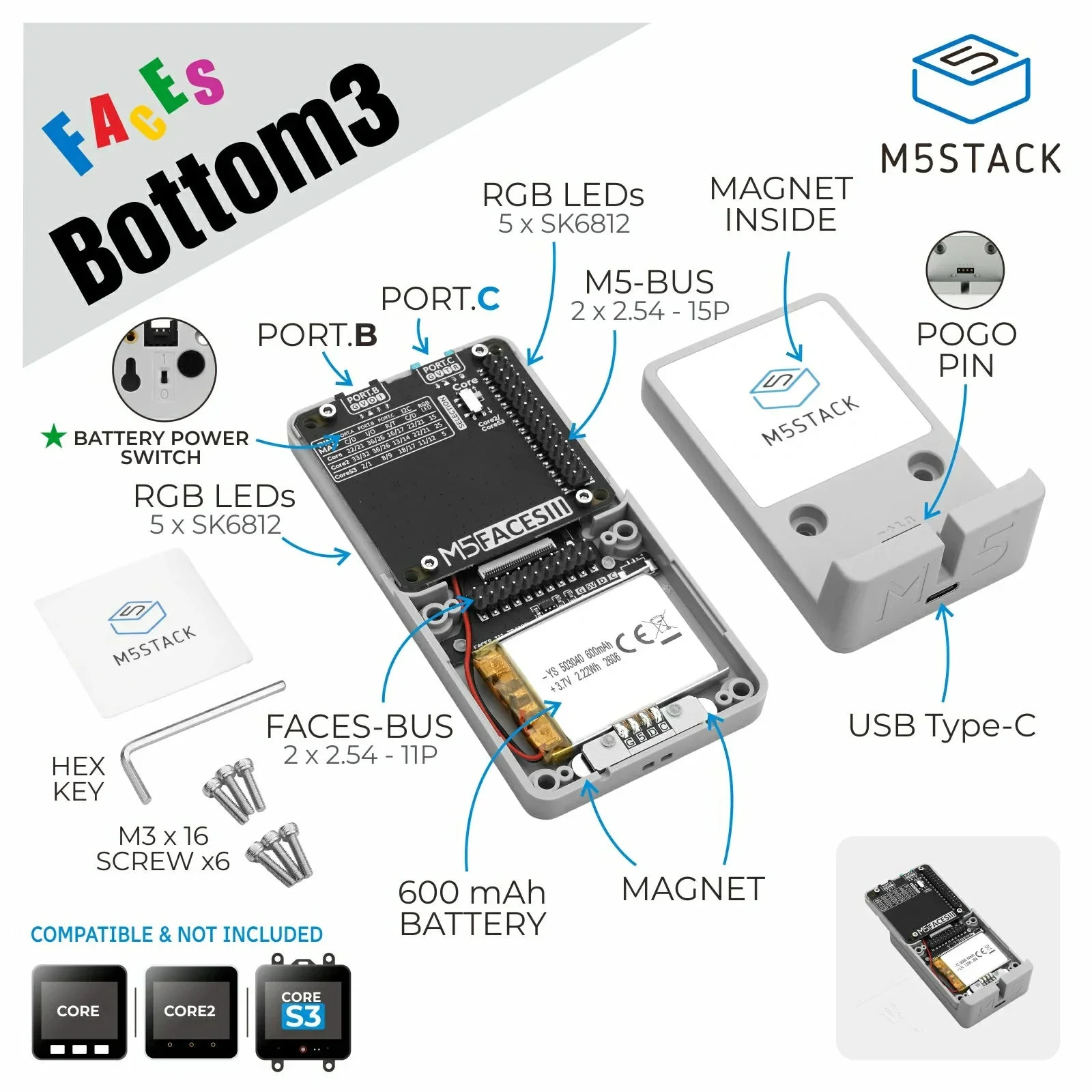 M5Stack Faces 3 Bottom Board Expansion Base for Faces Calculator Gamepad Keyboard Panels DIY Development
