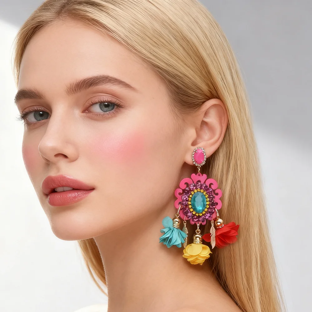 Bohemian passionate and unrestrained summer bright color contrasting resin rhinestone flower earrings for women's vacation gift
