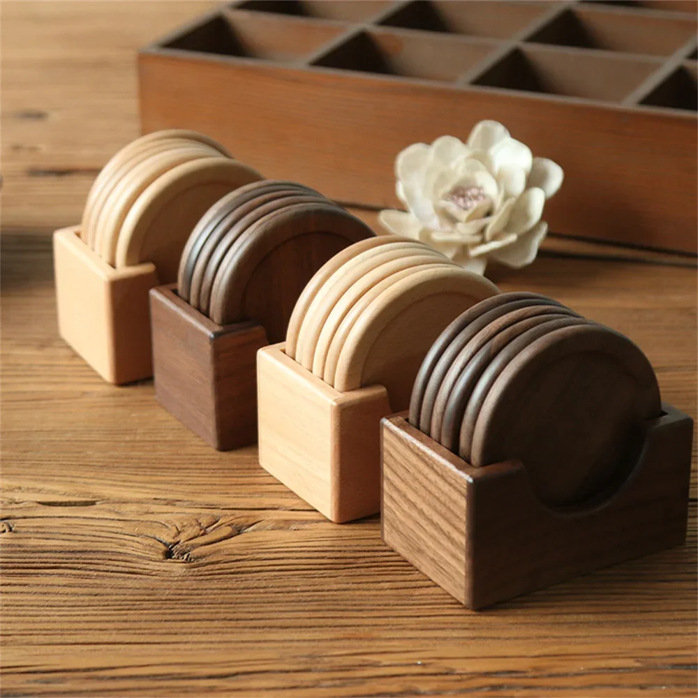 6pcs/set Free Custom Carved Walnut Wood Coasters Placemats Decorative Round Insulated Japanese Beverage Coasters Home Decor