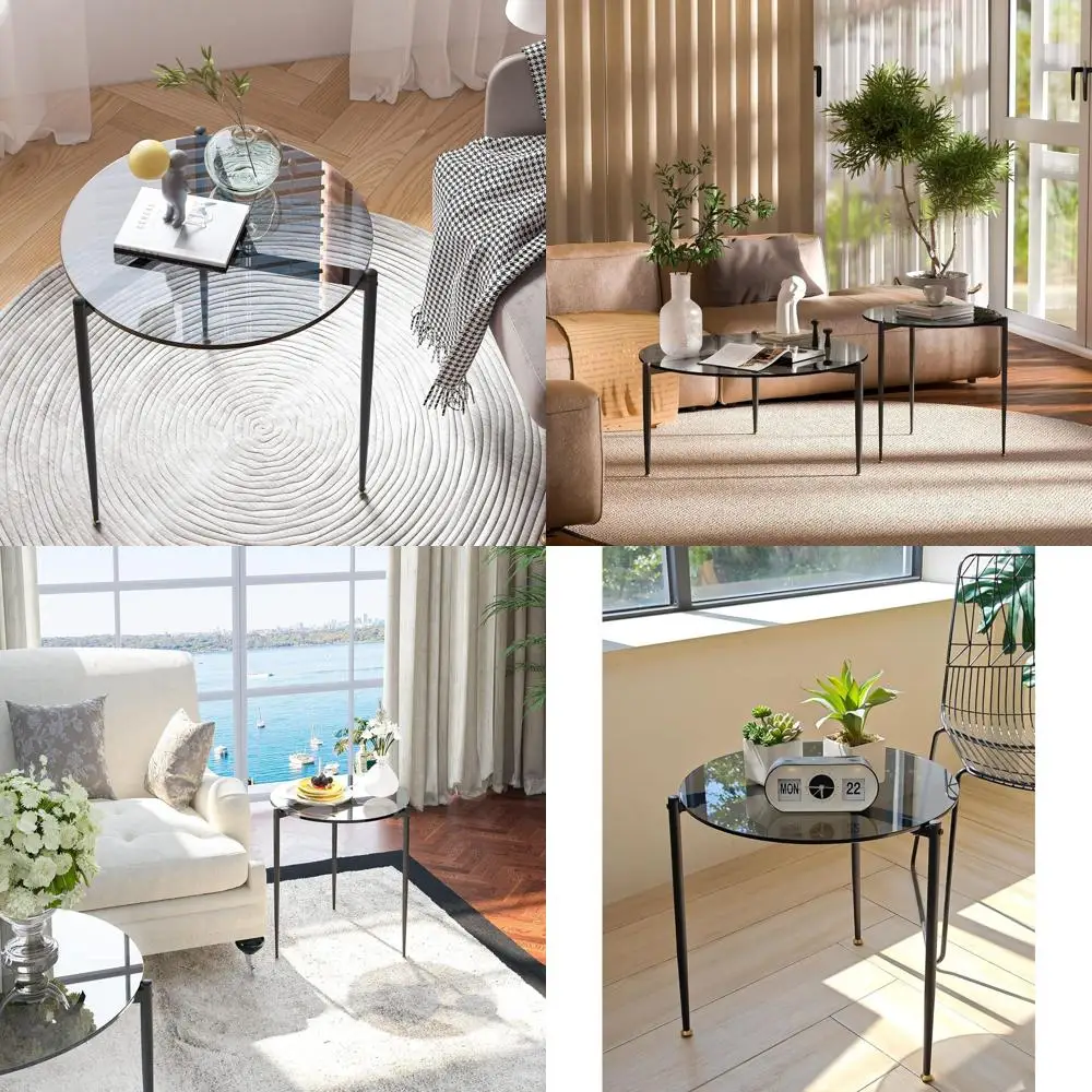 

Round Grey Tempered Glass End Table with Metal Legs, 19.8 Modern Design