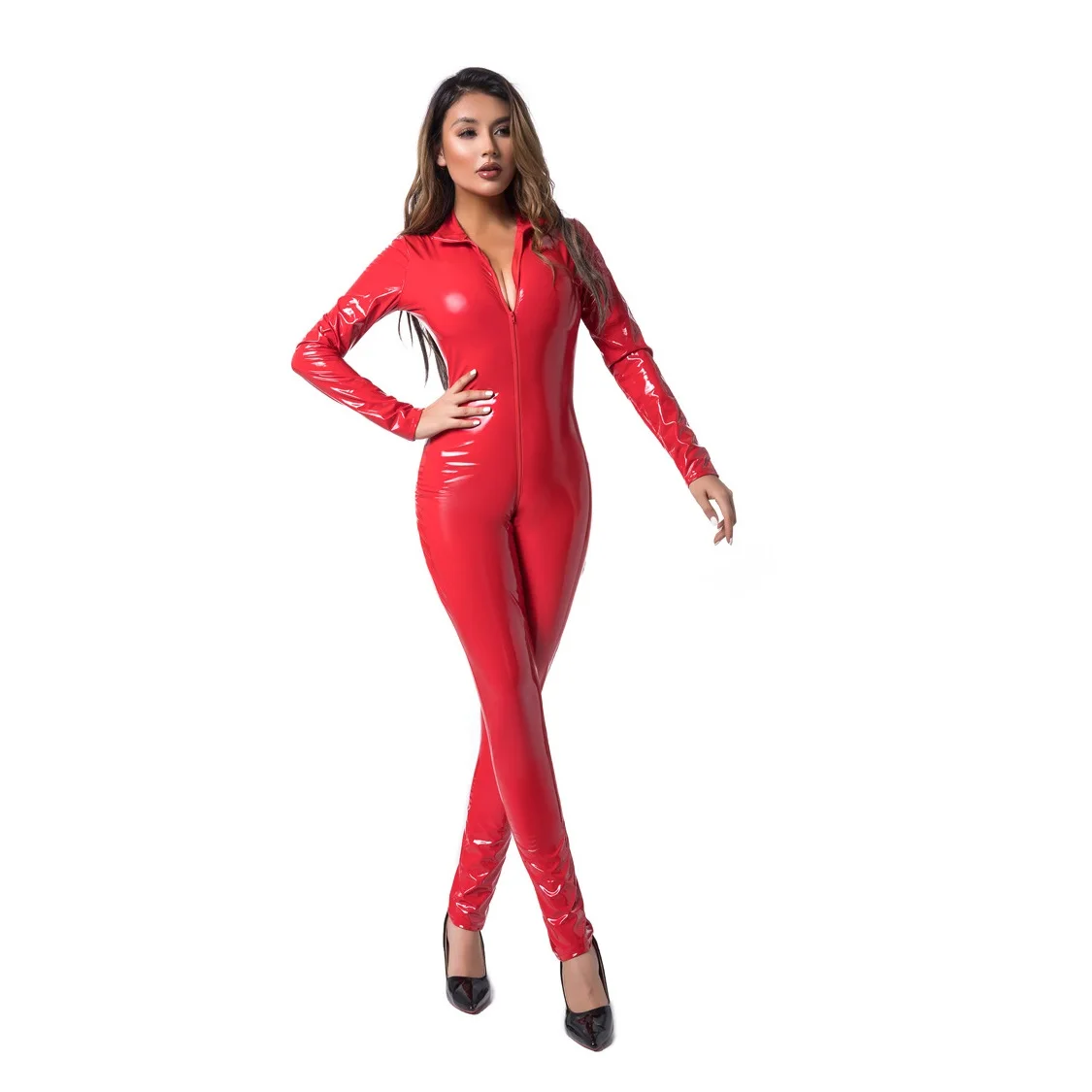 Fashion New Spring Women Sexy Corset Bright PU Patent Leather Zipper Open Crotch Jacket Tight Pant Lady Cosplay Uniform Jumpsuit