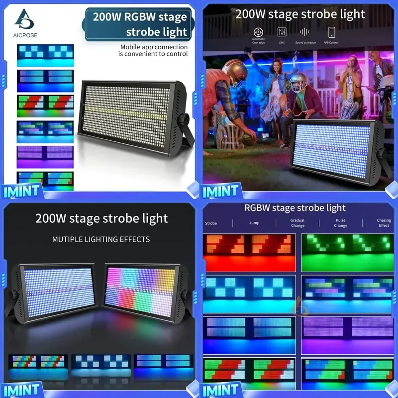 200W RGBW LED Stage Strobe DMX Sound Control 0-100% Linear Dimming 360° Adjustable Angle Flash Light For Disco Bar Live Club