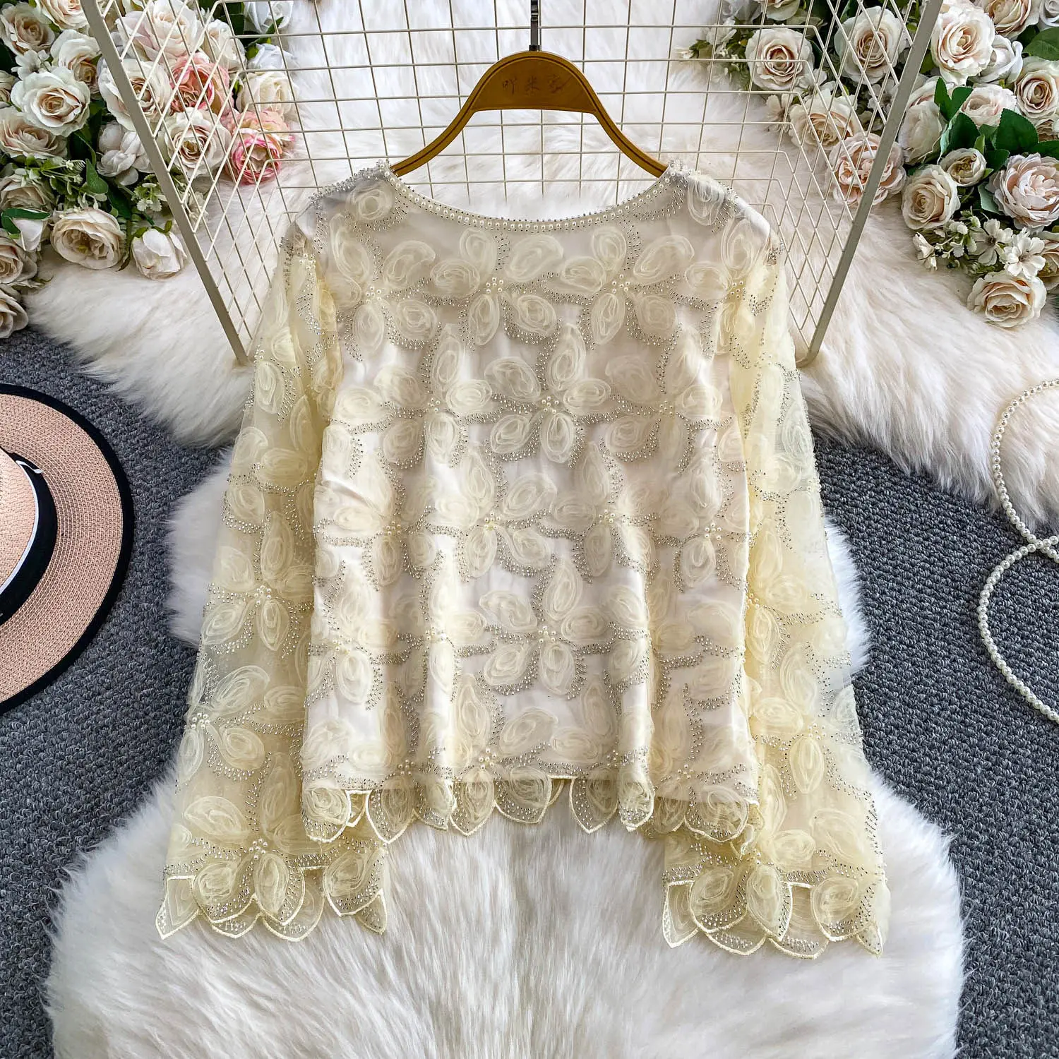 Vintage basics sweet loose long sleeve Beading Blouse Korean Fashion office lady Shirt  women clothing