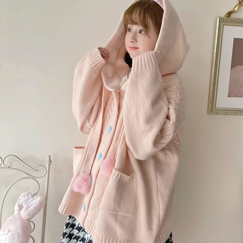 Japanese Cute Lolita Knitted Cardigan Women Harajuku Kawaii Pink Hooded Long Sweater Coat Girls Sweet Loose Pocket Knitwear Tops
