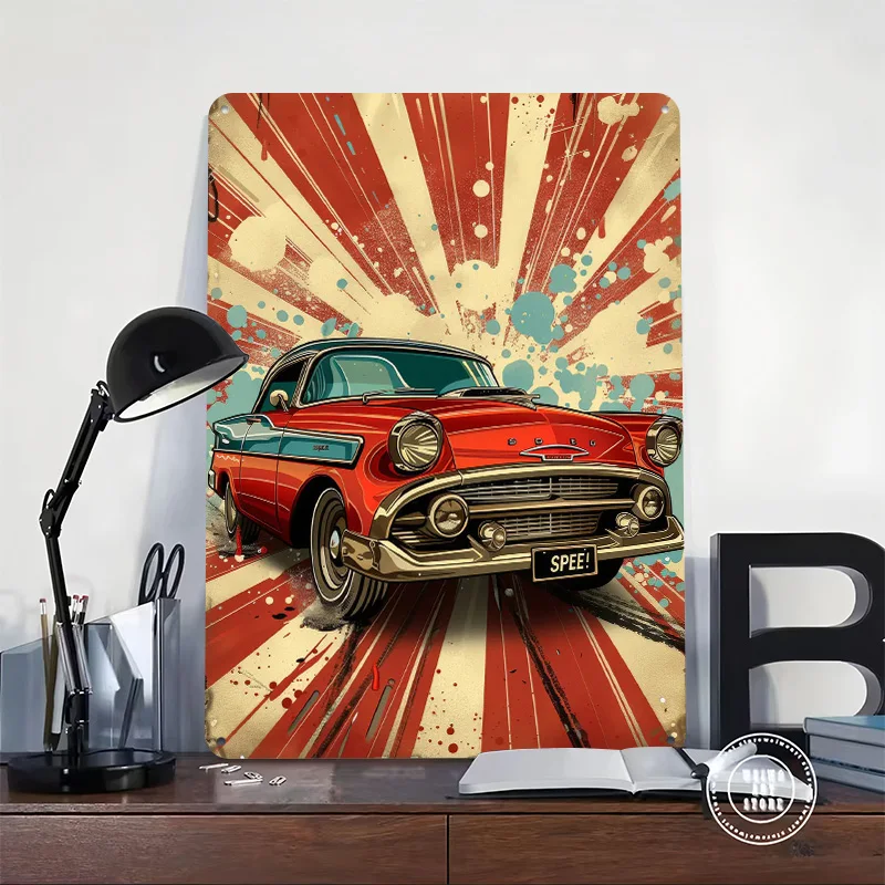 Vintage Red With Radial Background Car Printed Poster Customized Wall Art Retro Vintage Metal Tin Signs for Garage Desk Decor
