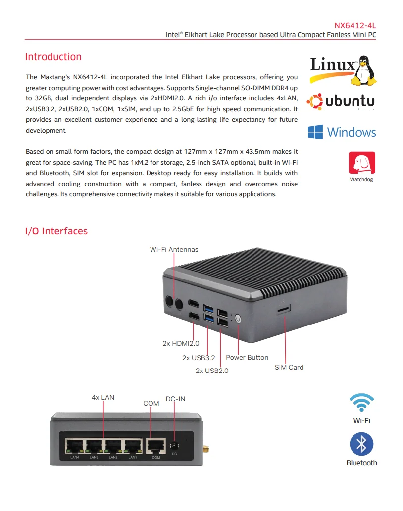 Maxtang Intel Elkhart Lake J6412 Processor Based Fanless  Desktop Mini PC with 4LAN, NX6412-4L Multimedia Gaming Computer