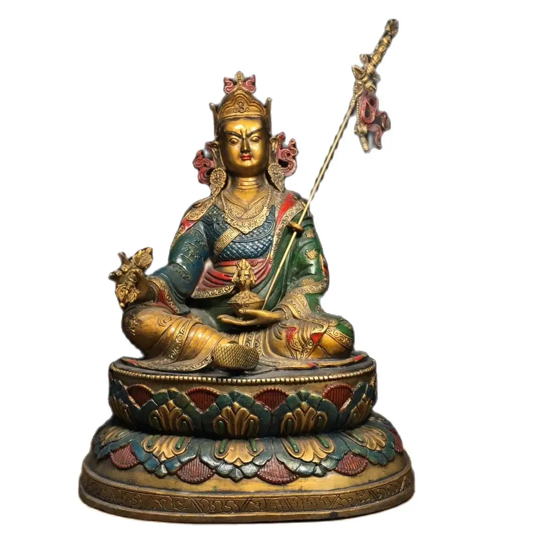 Buddha statue Pure copper painted Tibetan Buddhist lotus master Length 24cm, width 20.5cm, height 36cm, weight 2680g