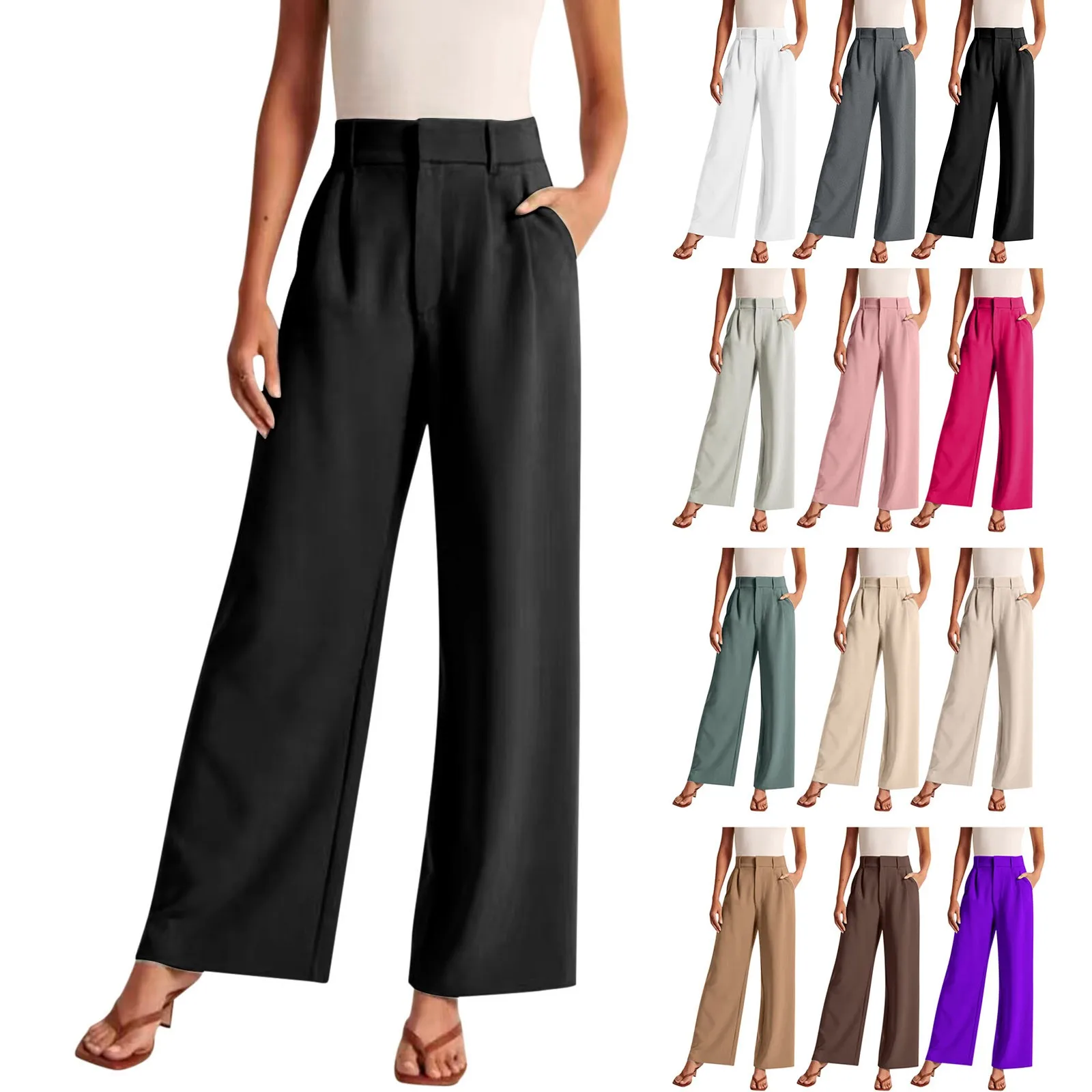 Pantaloni Casual da donna a gamba larga da ufficio da donna a vita alta da lavoro tinta unita su misura Button Down pantaloni semplici coreani con