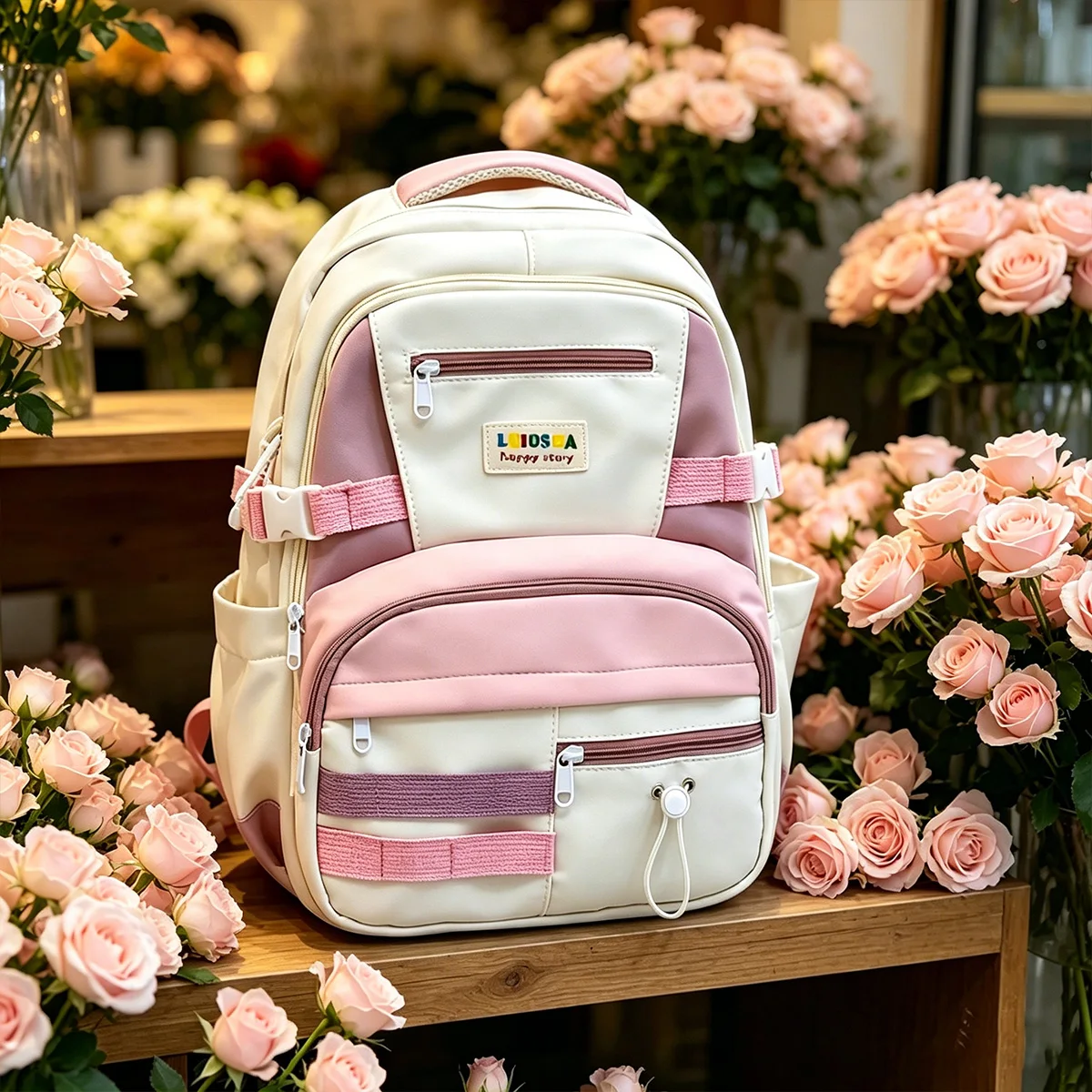 

Dopamine Color Block Backpack Large Capacity Lightweight School Bag Cute Plush Pendant Adjustable Strap for Daily Campus Use