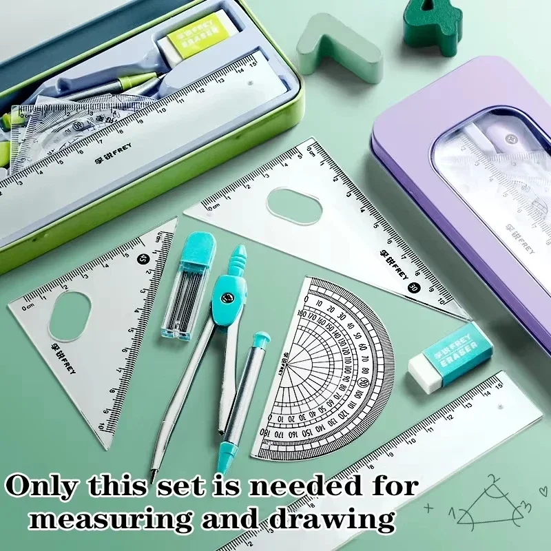 7pcs/set Compass and Ruler Sets Triangle Ruler Protractor Rubber Student Exam Specific Ruler Box Set Ruler Set School Starts