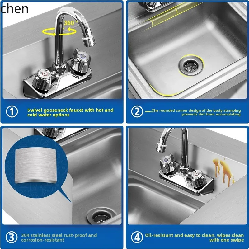 CZ 304 Stainless Steel Wall-Mounted Wash Basin Commercial Wall-Mounted Sink with Three-Sided Splash Guard for Restaurant