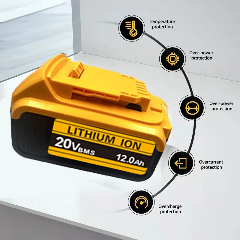 Baterai Pengganti Lithium-Ion 20V 12.0Ah Kapasitas Tinggi untuk Perkakas Tanpa Kabel Dewalt-Kompatibel dengan DCB200, DCB205, DCB206 & Lainnya