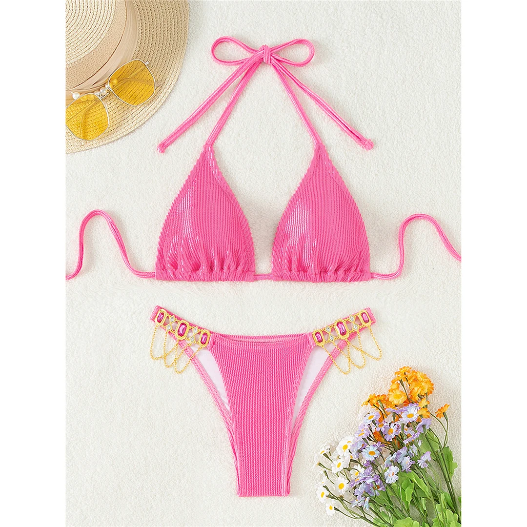 Neuer Bikini mit Diamant-Strasssteinen, geripptem Oberteil und Halterneck, Damen-Badebekleidung, zweiteiliger Bikini-Set, Badeanzug, Badebekleidung, Modell V5391 – Detail 10