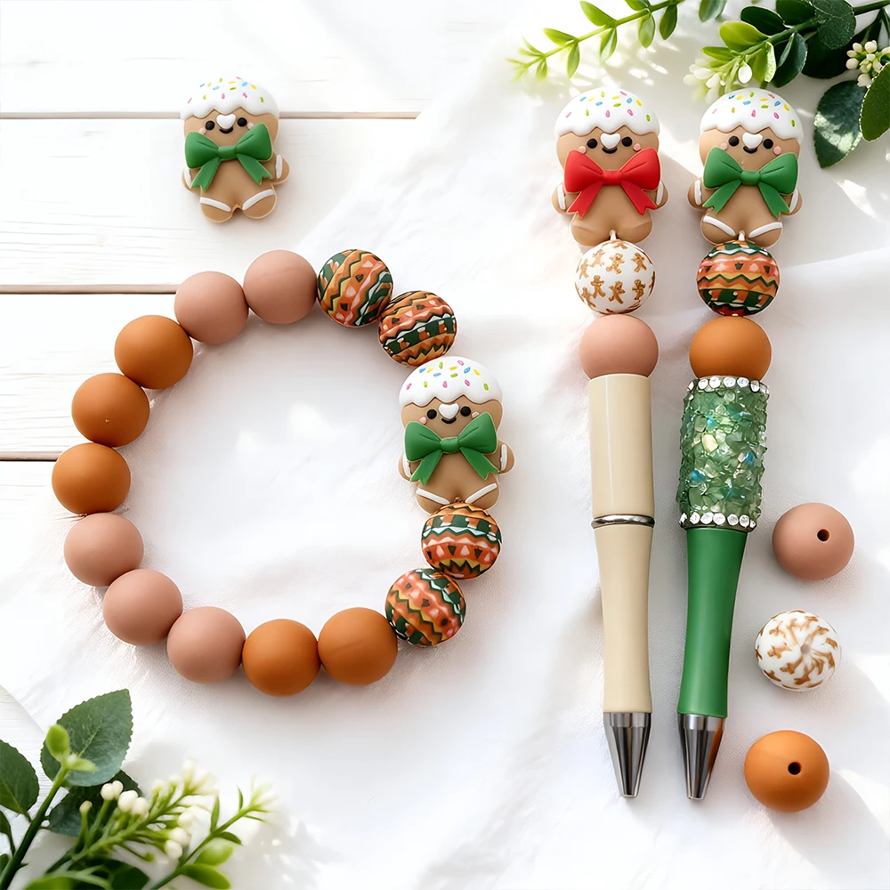 32-teiliges Set mit Weihnachts-Lebkuchenmann-Silikonperlen zum Selbermachen von Perlenketten, Armbändern, Stiften, Schmuckanhängern usw. Geburtstagsgeschenk für die Feiertage – Detail 6