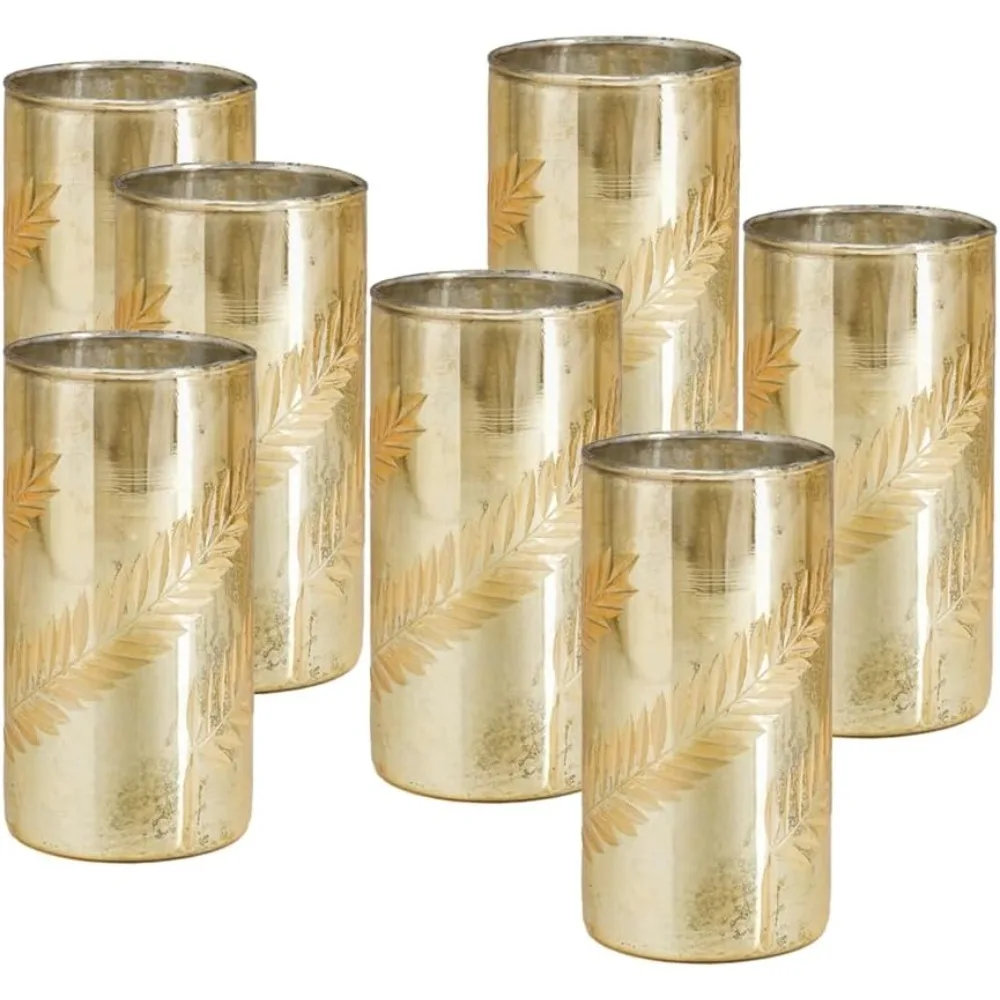 

Gold Cylinder Vase, Modern Mercury Glass Vase Set of 12 Decorative Palm Etched Metal Vase for Flowers, Use as Decor for Home.