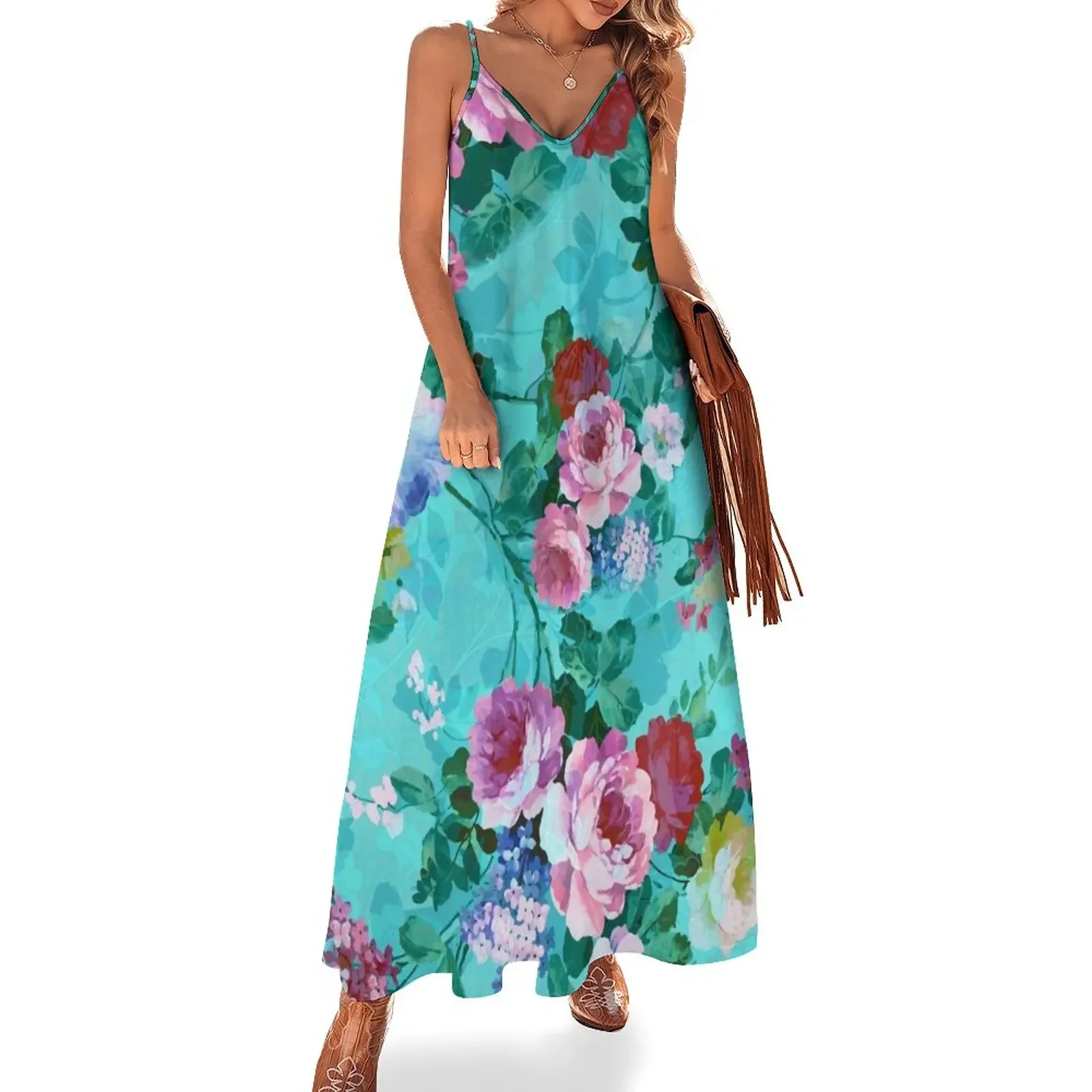 

Colorful Pastel Flowers On Turquoise Blue Background Sleeveless Dress Women's summer skirt women's summer dress 2025 Dress