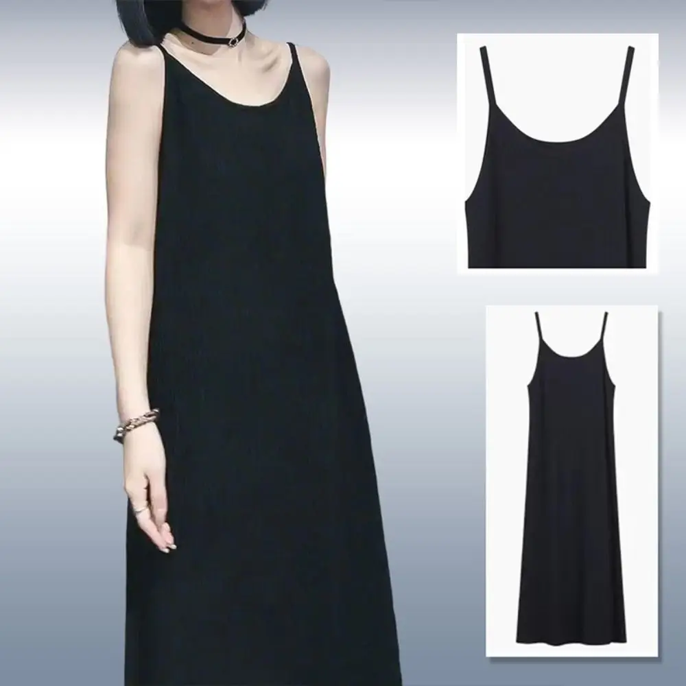 Summer Accessories Sleeveless Sling Dress Round Neck Loose and Comfortable Slip Under Dress Black Long Dress for Women