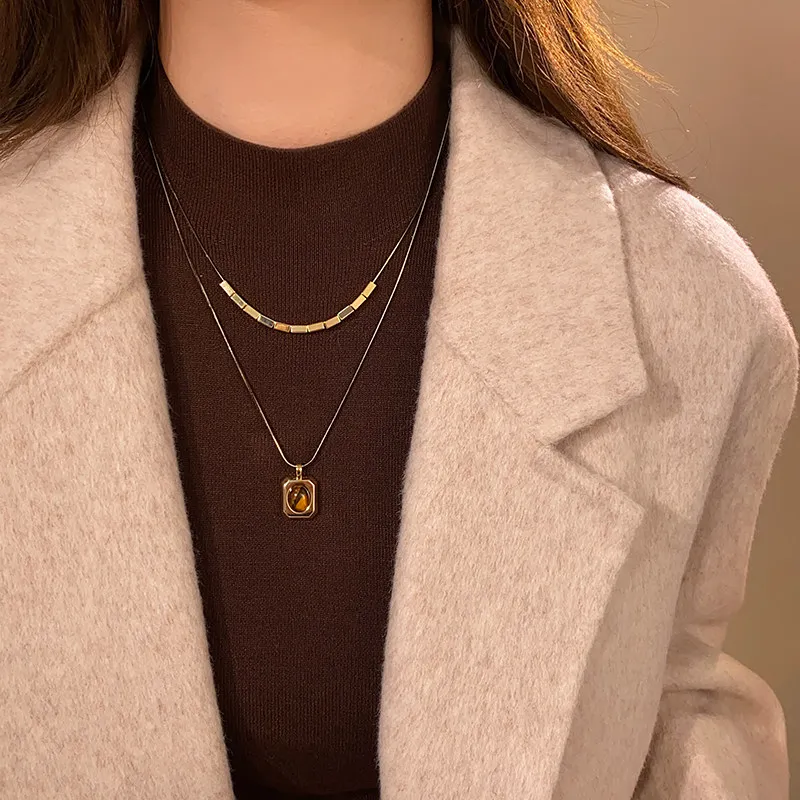 Schwarzgoldfarbene Doppelschichtige Tigerauge-Stein-Anhängerkette für Damen, Herbst-/Winter-Pulloverkette, Schmuckzubehör-Set – Detail 12
