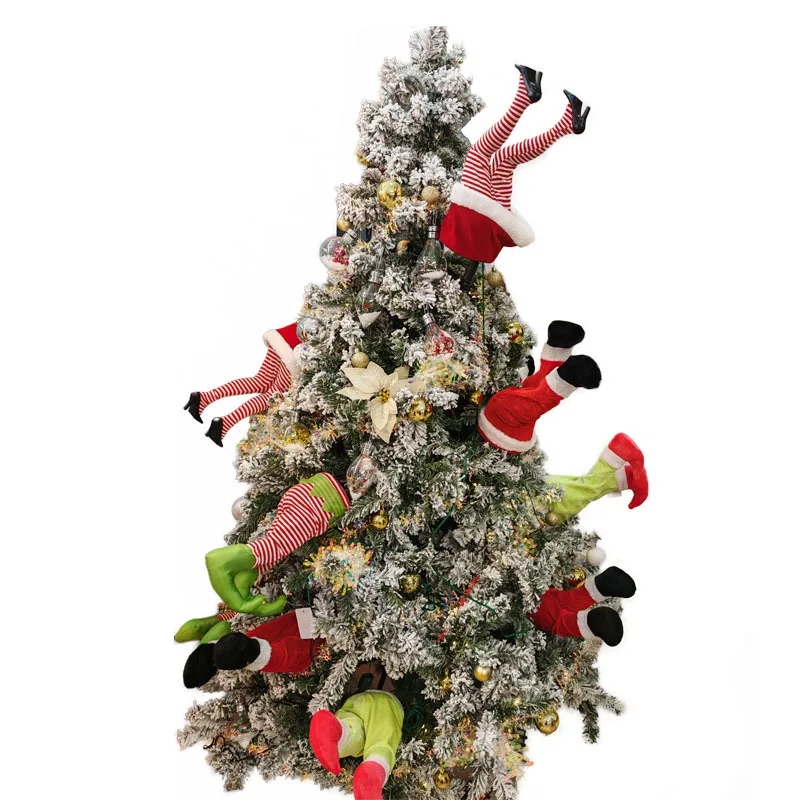 

Рождественские анимированные забавки Санта-Клауса и эльфа, ноги Grinch Kickers, рождественские украшения, Gotten Stuck In Christmas Tree