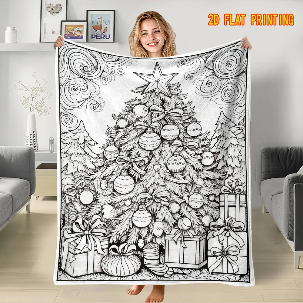 1pc 2D Flat Coloring Style Christmas Blanket, Black White Line Art Xmas Tree with Baubles, Bows, Gifts & Stockings, Swirl Border