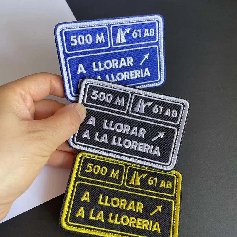 9*6CM/Spanish 500M Coordinate Road Sign Logo Fabric Applique Clothes Stickers Embroidery Hook and Loop Patches,Backpack Badges